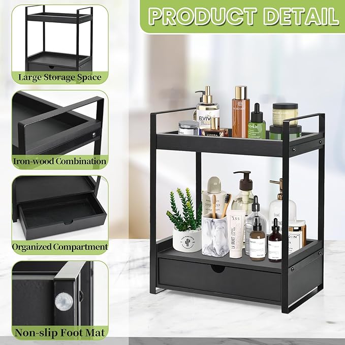 Ukonvi 2-Tier Bathroom Organizer Countertop with Drawer, Wood Counter Shelf for Storage, Vanity Tray for Organization and Decor, Countertop Organizer for Bathroom, Kitchen, Office (Black)