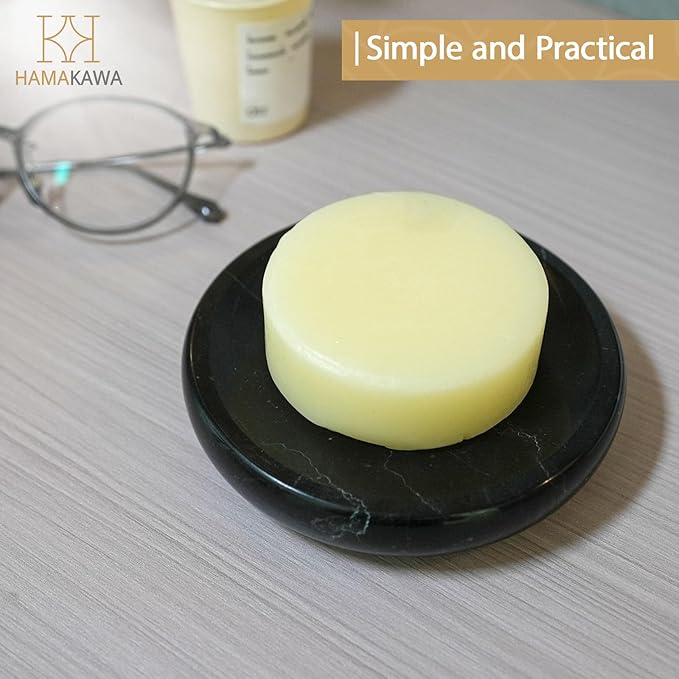Natural Marble Soap Dish, Round Black Jewelry Dish 4.5 inch, Limestone Shower Soap Holder, Modern Stone Sponge Holder with White Stripe, Obsidian Bar Soap Saver Tray for Bathroom, Kitchen
