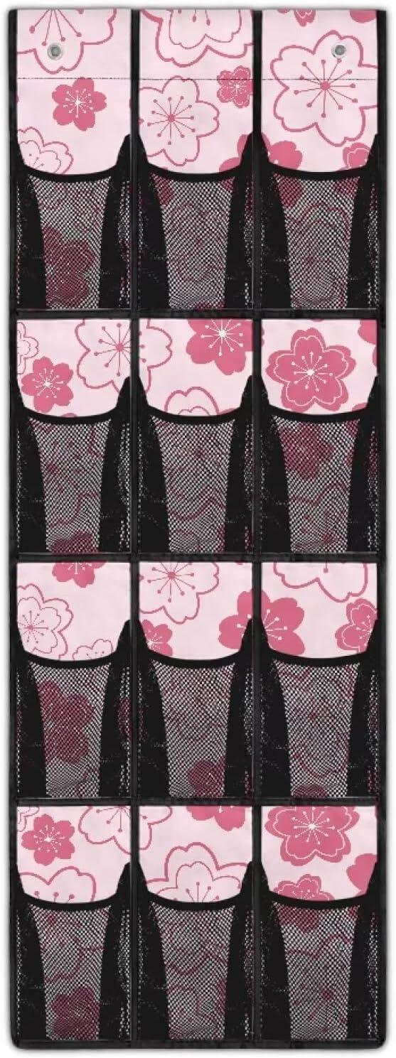 Cherry Blossoms Over The Door Shoe Organizers with 12 Pockets,Quick Dry Mesh Organizer Hanging for Pantry Bathroom Closet,Mesh Pocket Over the Door Shoe Organizer for RV,Pantry
