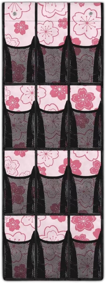 Cherry Blossoms Over The Door Shoe Organizers with 12 Pockets,Quick Dry Mesh Organizer Hanging for Pantry Bathroom Closet,Mesh Pocket Over the Door Shoe Organizer for RV,Pantry