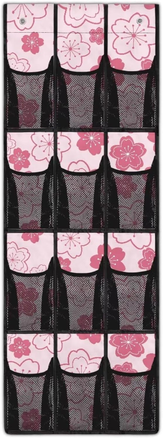 Cherry Blossoms Over The Door Shoe Organizers with 12 Pockets,Quick Dry Mesh Organizer Hanging for Pantry Bathroom Closet,Mesh Pocket Over the Door Shoe Organizer for RV,Pantry