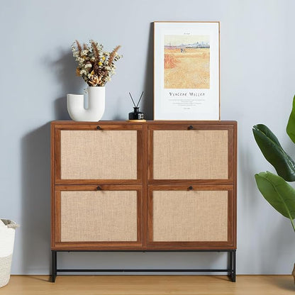 AVZEAR Narrow Shoe Storage Cabinet for Entryway with Natural Linen Panel, Freestanding Slim Shoe Cabinet with 4 Flip Drawers, Wood Shoe Organizer Closed Shoe Rack for Hallway, Living Room(Walnut)