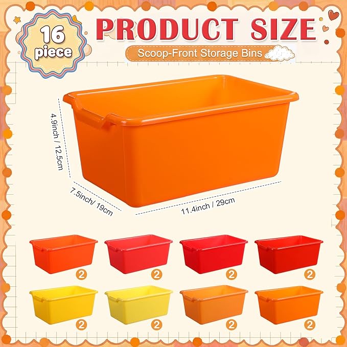 Dandat 16 Pcs Plastic Book Bins for Classroom Library Cubby Bins Scoop Front Stackable Toy Storage Tubs Containers for School Office Home Nursery Playroom Organization (Warm Series)