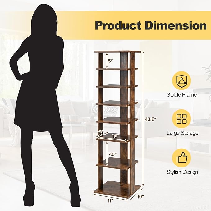 BETTARY 8 Tier Vertical Shoe Rack, Narrow Wooden Corner Shoe Organizer for Small Spaces, Removable Shelves, Anti-toppling Device, Shoe Tower for Entryway, Closet, Bedroom (Rustic Brown, Single Row)