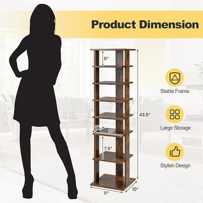 BETTARY 8 Tier Vertical Shoe Rack, Narrow Wooden Corner Shoe Organizer for Small Spaces, Removable Shelves, Anti-toppling Device, Shoe Tower for Entryway, Closet, Bedroom (Rustic Brown, Single Row)