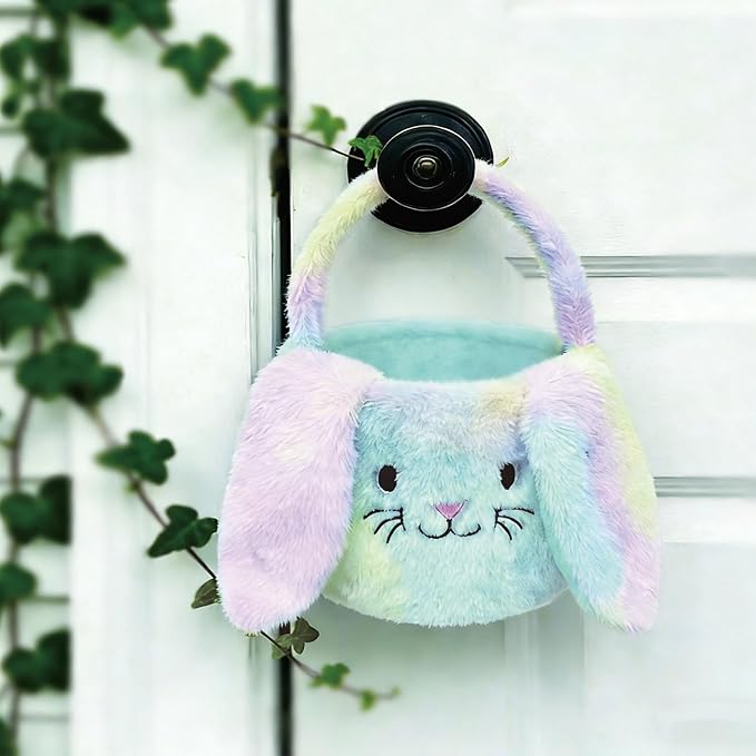 Easter Bunny Basket Plush Decorative Basket for Eggs Candy and Small Gifts (Rainbow)