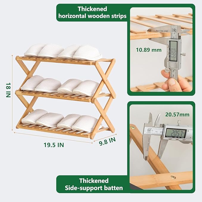 3 Tier Bamboo Shoe Rack,Portable Folding Shoe Storage Rack,Without Installation Small Shoe Rack Perfect for Corridors, Bedrooms and Small Spaces (3 Tier)