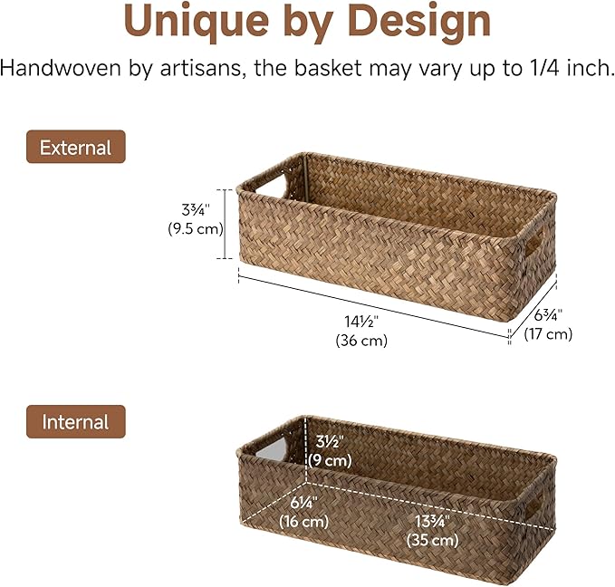 StorageWorks Wicker Toilet Paper Basket for Back of Toilet Baskets, Seagrass Bathroom Basket Organizer and Storage for Tank Topper, Small Tank Trays for Decor with Built-in Handles, Brown