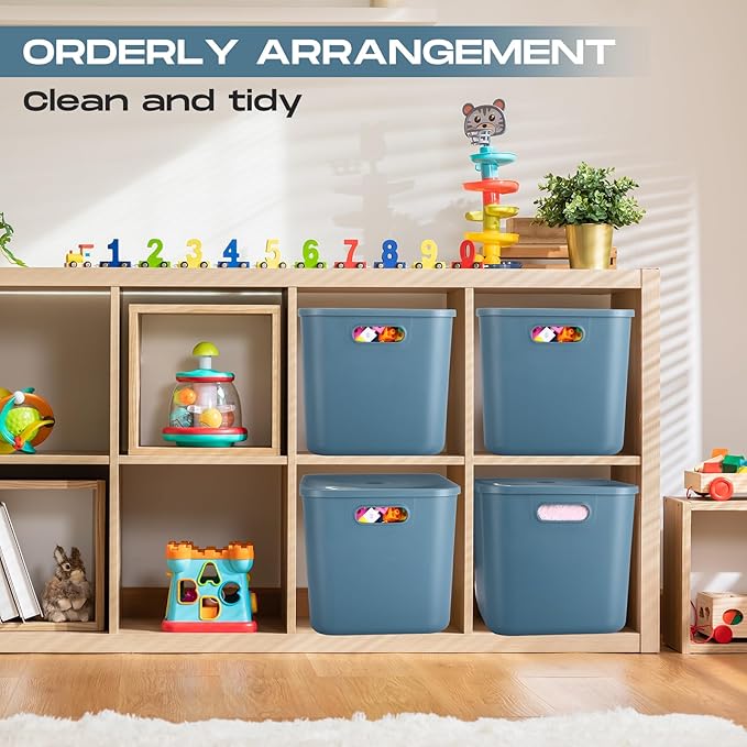 Hoolerry 8 Pieces Colorful Storage Bins with Lid, Plastic Storage Basket Organizing Container Stackable Box with Handle for Shelves Desktop Playroom Office(14.2 x 10.2 x 9.5 Inch,Blue)