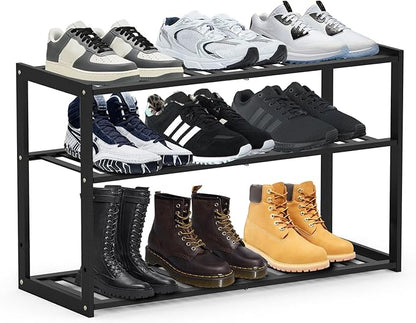 Jripae Bamboo Shoe Rack for Entryway, 27.5inch Stackable 3 Tier Shoe Organizer Shelf Storage 9-12 Pairs Shoes Stand Cubby for Closet Door Hallway Bedroom Garage Black, Thanksgiving