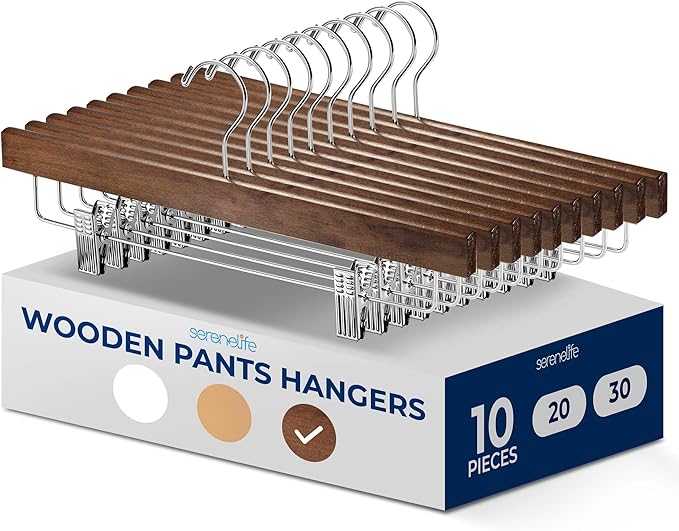 SereneLife 10 Pack Skirt and Pant Hanger with Adjustable Non-Slip Steel Clips, Premium Wooden, 360° Swivel Hook & 10 lb Capacity – Space-Saving Heavy-Duty Hangers for Jeans, Shorts & Slacks (Brown)
