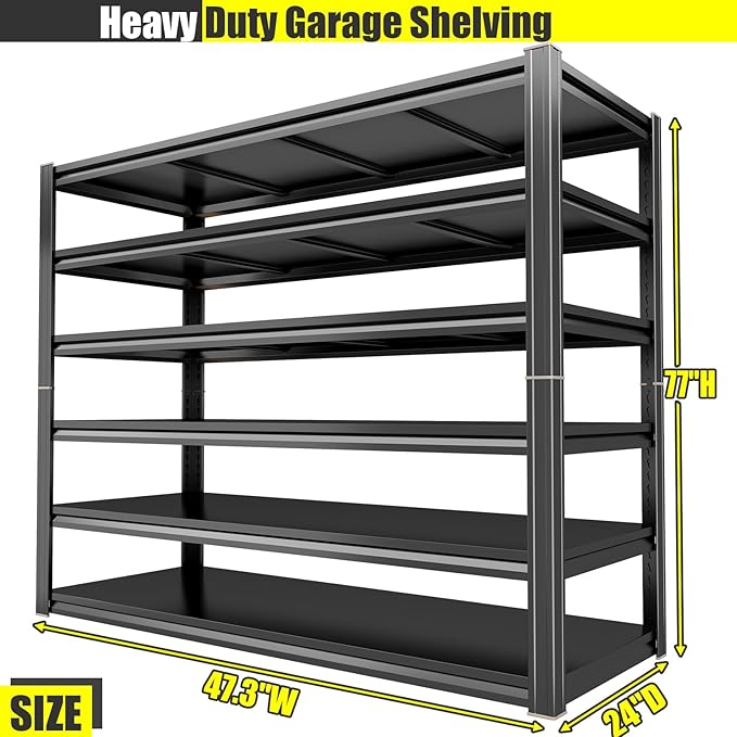 Heavy Duty Metal Garage Shelving Unit, 6-Tier Adjustable Storage Shelves, 3600LBS Load Capacity Utility Shelf, Ideal for Garage, Basement, Warehouse, Pantry, Tool Organization, 47.3" W, Black