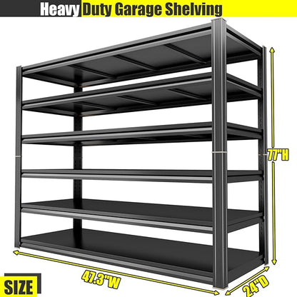 Heavy Duty Metal Garage Shelving Unit, 6-Tier Adjustable Storage Shelves, 3600LBS Load Capacity Utility Shelf, Ideal for Garage, Basement, Warehouse, Pantry, Tool Organization, 47.3" W, Black