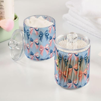 4 Pack Qtip Holder Dispenser Pink Bow Blue Pattern Cotton Ball Swab Round Pads Floss Clear Bathroom Storage Containers Plastic Apothecary Jars with Lids