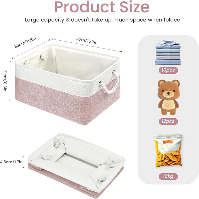 Large Storage Baskets- 15.7x11.8x8.26 inch Storage Bins for Shelves and Closet Organizing, Foldable Fabric Bin for Home Organization Clothes and Laundry (3-Pack, White&Pink)