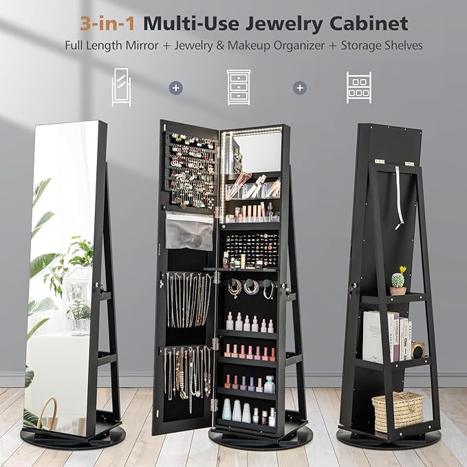 Multigot 3-Color LED Lights Jewellery Cabinet, 3-in-1 360° Swivel Jewelry Armoire with Full-Length Mirror, Lockable Cosmetic Storage Organizer for Dressing Room Living Room Bedroom (Black)