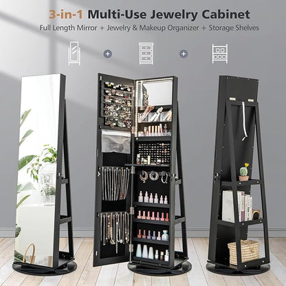 Multigot 3-Color LED Lights Jewellery Cabinet, 3-in-1 360° Swivel Jewelry Armoire with Full-Length Mirror, Lockable Cosmetic Storage Organizer for Dressing Room Living Room Bedroom (Black)