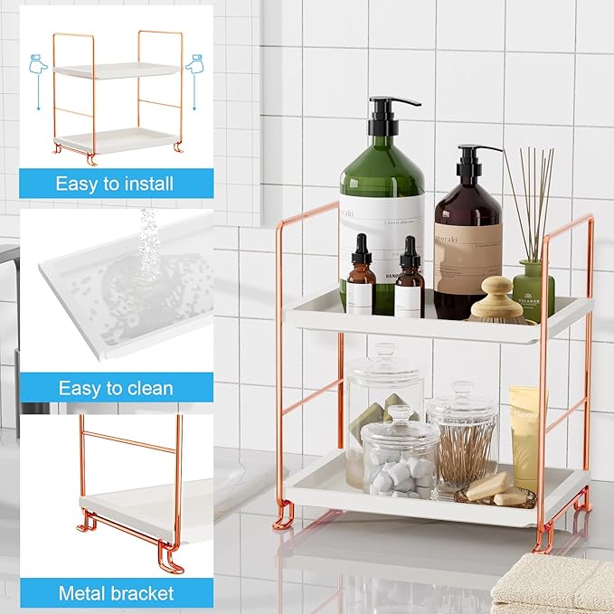 FSyueyun 2-Tier Bathroom Countertop Organizer, Tool-Less Installation Premium Plastics Makeup Shelf Organizer Perfume Skincare for Dresser Vanity Tray Organizers and Storage (Rose Gold)