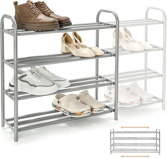 4 Tier Extendable Long Shoe Rack for Closet Shoe Organiser Strong and Sturdy Heavy Duty Metal Shoe Shelf Holds 20+ Pairs (60-100) x 22,5 x 61,5 cm