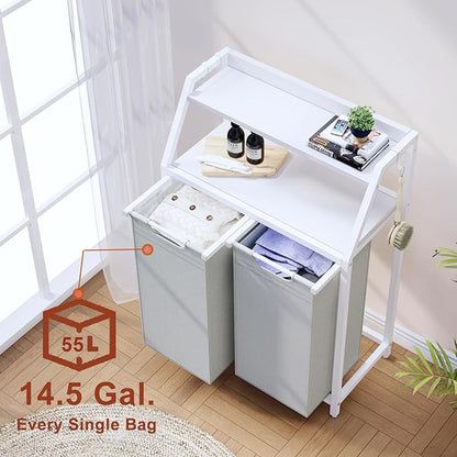 Timberer Laundry Hamper, Laundry Sorter 2 Section, Rolling Laundry Basket with Wheels, 2 Shelves, 2 × 14.5 Gal, Pull-Out and Removable Oxford Fabric Bags, for Laundry Room, White and Grey