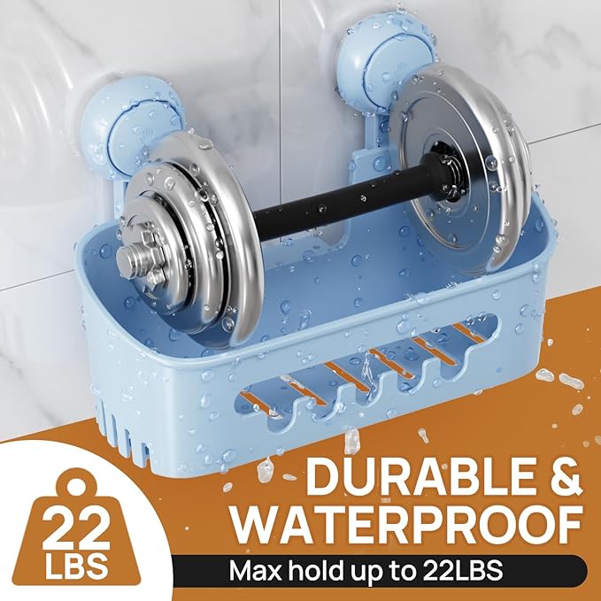 LEVERLOC Shower Caddy Suction Cup Set Shower Organizer & Soap Holder & Toothbrush Holder, Bathroom Shelf Basket NO-Drilling, Removable Suction Storage Waterproof Bathroom Holder, Blue