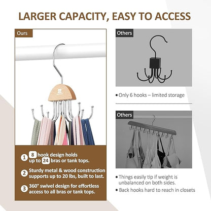 ZEDODIER 2 Pack Tank Top Hanger, Rotatable Bra Organzier for Closet, Max 48 Storage Capacity Sport Bra Holder, Space Saving Closet Organizers and Storage, Natural