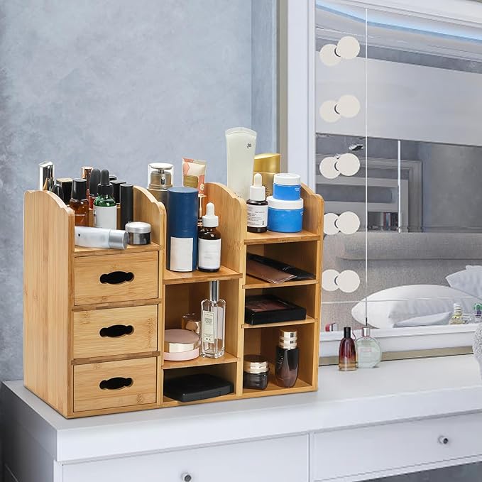Coloch Bamboo Makeup Organizer with Drawers, Large Cosmetics Storage Shelf for Vanity Countertop Skincare Organizer for Desktop, Skincare, Beauty Supplies, Cosmetics Display, Stationery Storage
