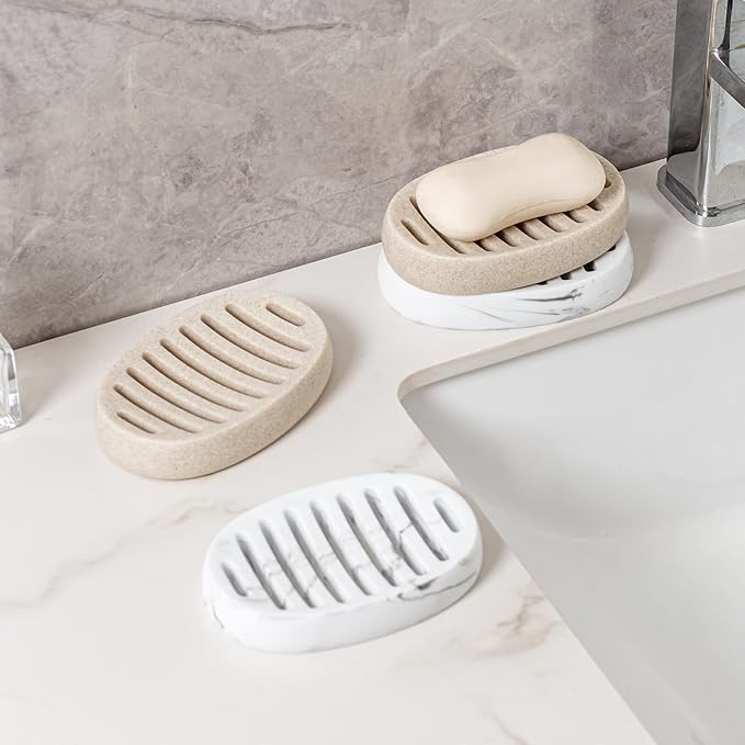 Soap Dish, Self Draining Bar Soap Holders, Oval Soap Saver Spone Holder Tray for Shower Bathroom Sink Countertop Kitchen Bathtub (White)