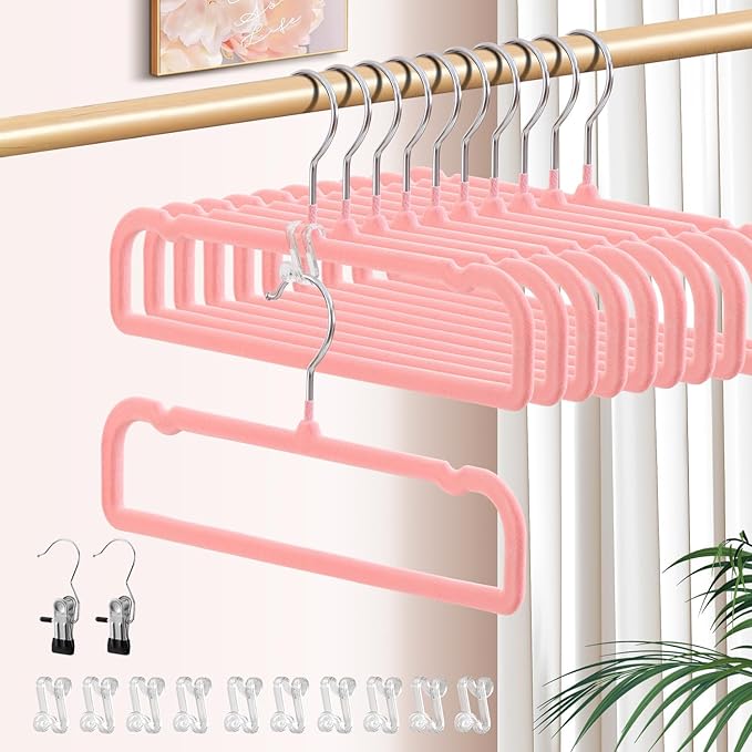 14 Inch 30 Pack Velvet Pants Hangers Non Slip,Slim Felt Jean Hangers with 10 Hooks and 2 Clips,Strong Durable Thin Space Saving Clothes Hanger with 360°Swivel Hook for Shorts,Skirts Bra(Pink)