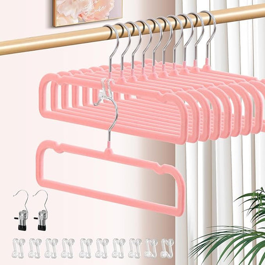 14 Inch 30 Pack Velvet Pants Hangers Non Slip,Slim Felt Jean Hangers with 10 Hooks and 2 Clips,Strong Durable Thin Space Saving Clothes Hanger with 360°Swivel Hook for Shorts,Skirts Bra(Pink)