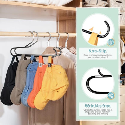 Hat Storage Organizer for Baseball Caps, Lomrsiul Non Slip PVC Coating Hat Rack Hangers for Closet Hat Holder Max 10 Hats Closet Organizers and Storage for Cap Purse Belt Tie Bra Black 2 Pack