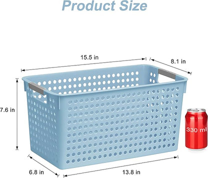 Soddeph Slim Plastic Storage Basket with Handles, Narrow Organizer box for Shelves, Organizer box for Organizing, Kitchen,Home,Office (Blue, Large)