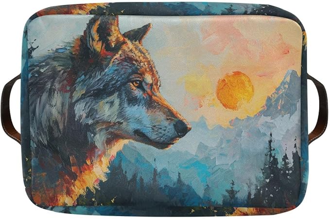 Storage Basket Wolf in The Sunrise Pattern Durable Canvas Collapsible Toy Box Organizer Bin with Handles for Shelf Closet Bedroom Home Office