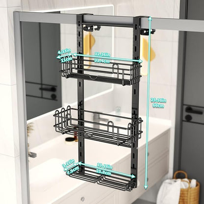 HapiRm 3 Tier Over the Door Shower Caddy, Hanging Shower Caddy with 16 Hooks and 2 Soap Holders, No Drilling Adjustable Hanging Bathroom Organizer - Black
