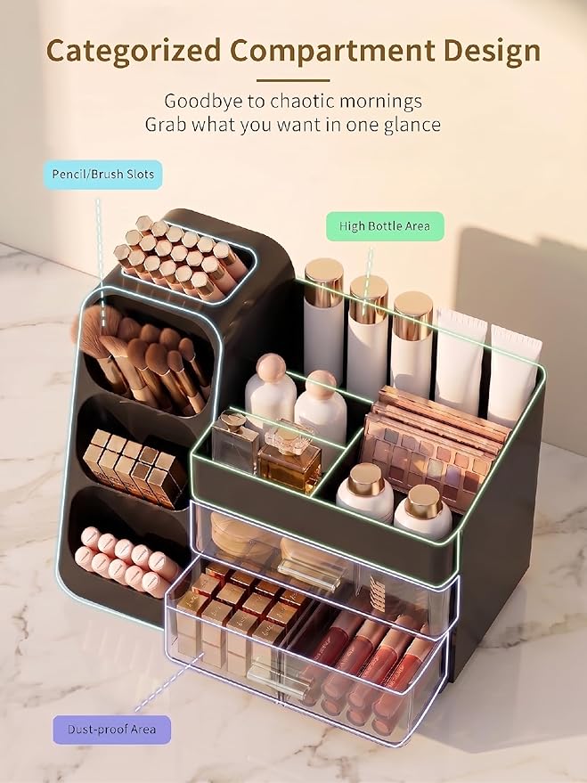 Booklov Makeup Organizer for Vanity, Large Capacity Cosmetic Display Case with Drawers, Countertop Beauty Storage Holder for Skincare, Brush Eyeliner Perfume Eyeshadow Lipsticks, Counter Desk, Black