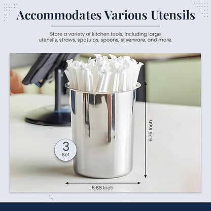 OCS Parts 6.75-Inch Kitchen Utensil Holders | Set of 3 | Stainless Steel Dishwasher Safe Kitchen Countertop Organizers