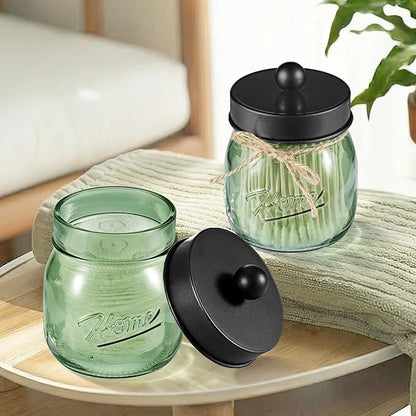 SheeChung Green Glass Qtip Holder Dispenser, Mason Jar Apothecary Jars with Lids, Bathroom Organizers and Storage, Vanity Countertop Canisters Set for Cotton Swab, Ball, Pad, Floss Pick-Black, 1Pc