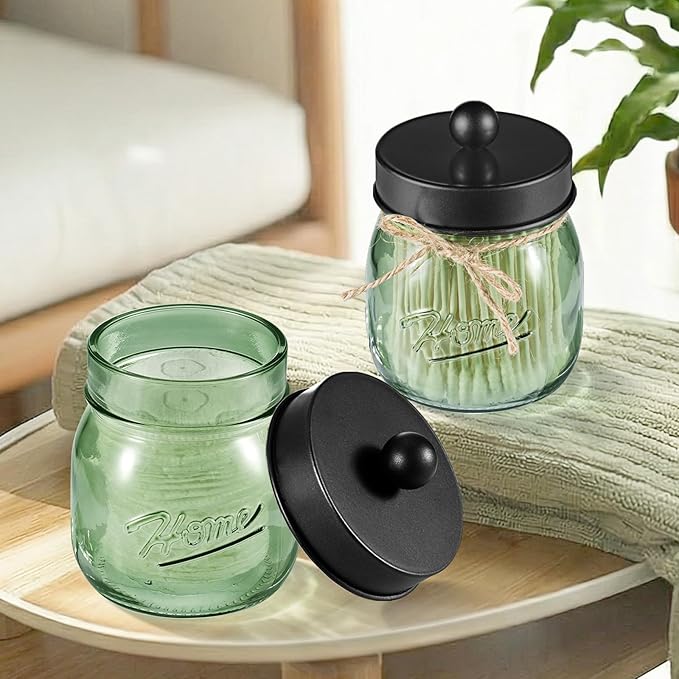 SheeChung Green Glass Qtip Holder Dispenser, Mason Jar Apothecary Jars with Lids, Bathroom Organizers and Storage, Vanity Countertop Canisters Set for Cotton Swab, Ball, Pad, Floss Pick-Black, 3 Pack