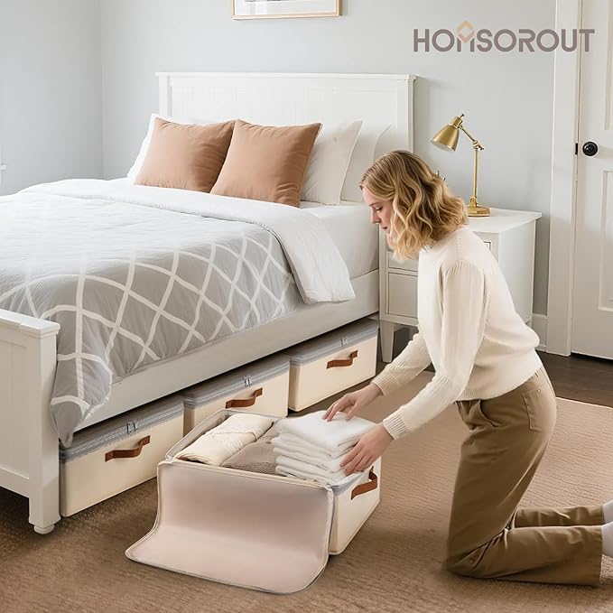 Homsorout Large Closet Storage Bins - Compression Organizer Bins, Stackable Closet Organizer, Expandable Under Bed Storage Containers for Clothes, Towels, Sheet, 2 Pack, Beige