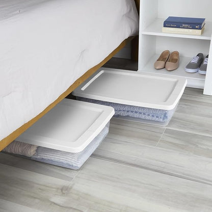 Small Storage Bin, 28 Quart Clear Plastic Storage Container with Snap-On Lid, White