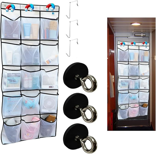 Cruise Magnetic Door Organizer with Hooks, Over the Door Organizer for Cruise Ship Cabins, 15 Mesh Pockets, Magnetic Shoe Organizer, White, 60 x 24 in