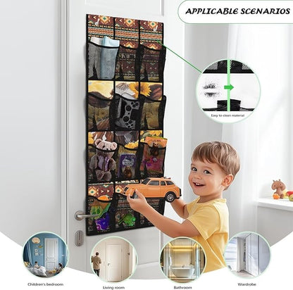 12-Pocket Over the Door Organizer, Transparent Mesh Compartments for Instant Visibility, Space-Saving Bathroom & Closet Storage,Aztec Cow