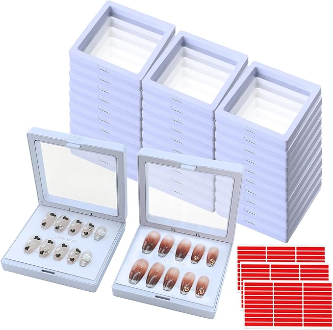 32 Pack Press On Nail Packaging Boxes - 3D Floating Storage and Display Box With 90pcs Double Sided Adhesive Tape for Nail Tech