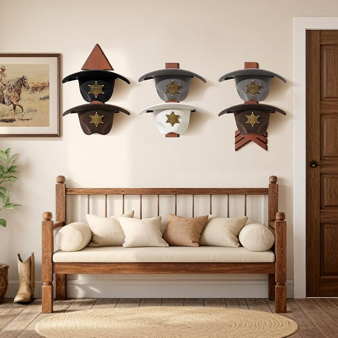 Cowboy Hat Holder for Wall 6 Pieces Arrow Solid Wood with Metal Western Hat Rack Wall Decor Hat Organizer Hanger Storage for Entryway Closet Living Room Bedroom Cherry Brown