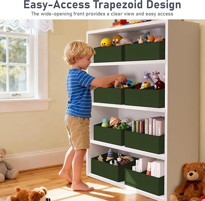 DIMJ Large Closet Shelf Organizer Bins 4 Packs with Handles and Divider, Fabric Trapezoid Storage Baskets, Foldable Clothes Containers Box for Shelf, Towel, Book, Toy, Purse, Hats, Green