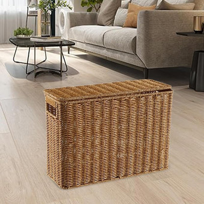 Nesting Rectangle Wicker Basket with Lid, Narrow and Tall Storage Box, Lightweight Decorative Storage Bin with Handle, Hand-Woven Magazine Holder for Bedroom Study Small Corner, L