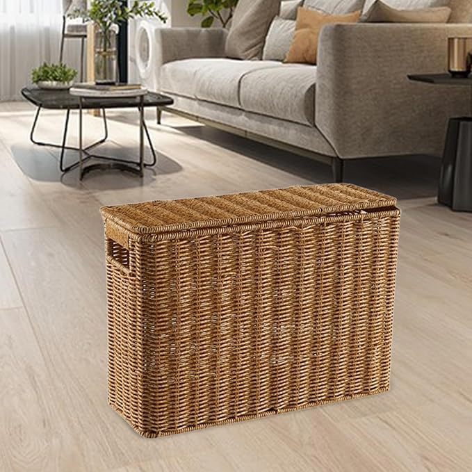 Nesting Rectangle Wicker Basket with Lid, Narrow and Tall Storage Box, Lightweight Decorative Storage Bin with Handle, Hand-Woven Magazine Holder for Bedroom Study Small Corner, S