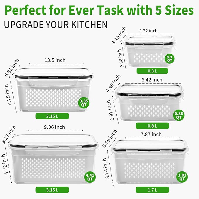 PRAKI 5-Pack Large Fruit Storage Containers for Fridge with Removable Colander, 2 in 1 Produce Storage Containers, BPA-Free Fridge Organizers and Storage Keep Fruits, Vegetables, Berry Fresh Longer