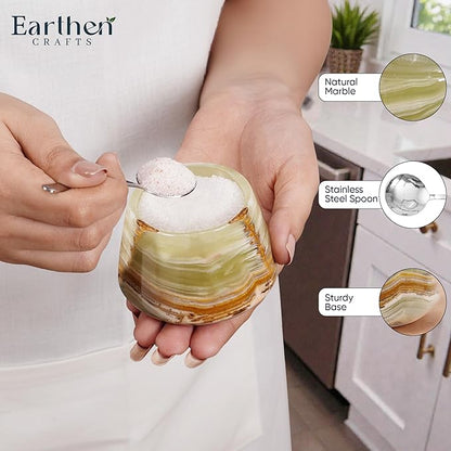 Marble Salt Cellar with Lid Green 3 Inches Salt Holder Seasoning & Spice Jar with Spoon Container, Modern Salt Keeper for Kitchen Countertop, 3 OZ Capacity