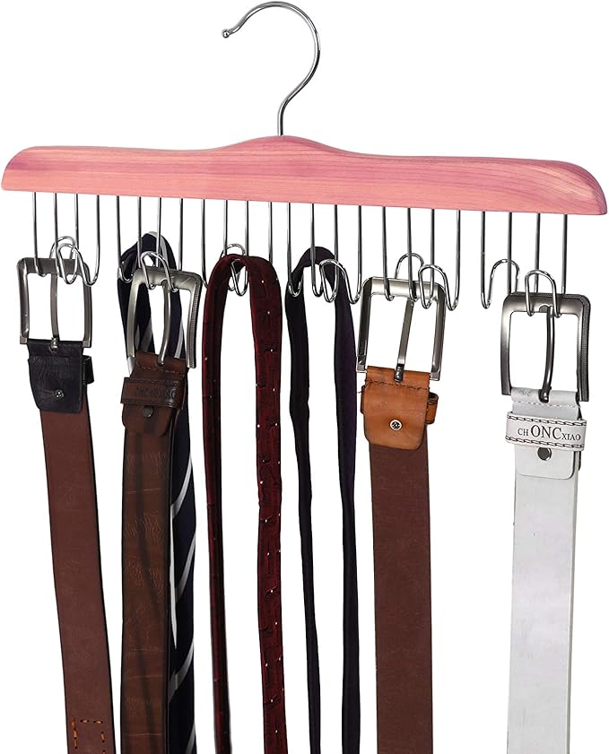 TOPIA HANGER American Red Cedar Wood Belt Hanger, Belt Organizer Rack with 12 Metal Hooks,Closet Organizer for Tank Tops, Ties, Scarves, Neckties (1-Pack) CT13B